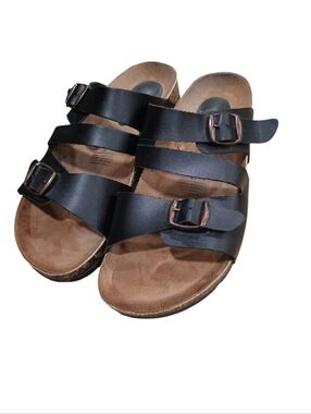 Triple Strap Black Faux-Leather Slide Sandals